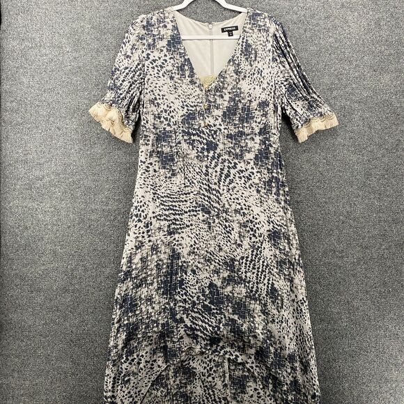Express Dress Womens M Gray Print V-Neck Hi Low Ladies Cottagecore Boho Peasant - Picture 1 of 12